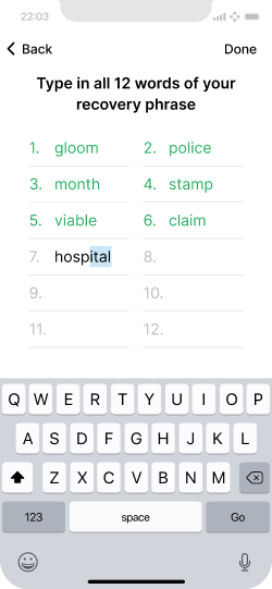 Screen asking the user to type all 12 recovery-phrase words into empty numbered fields