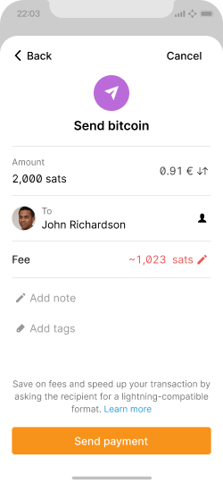 Send review where the on-chain fee is about half the payment and there is no high-fee warning